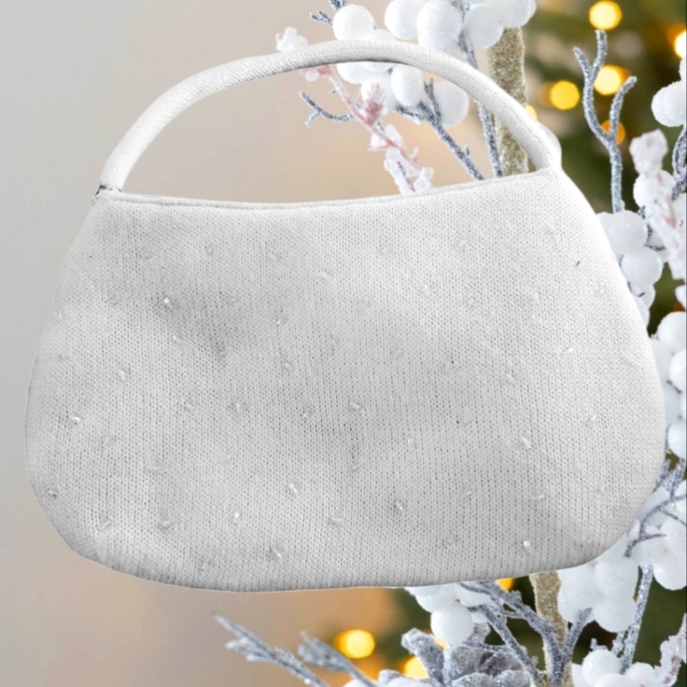 Winter White Wedding Holiday Crocheted Purse With Sparkling Beads & Silky Lining